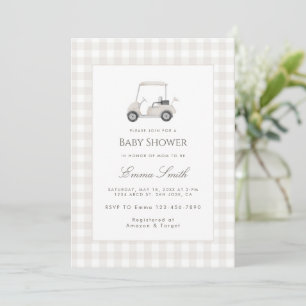 Neutral Gingham Golf Cart Baby Shower Invitation