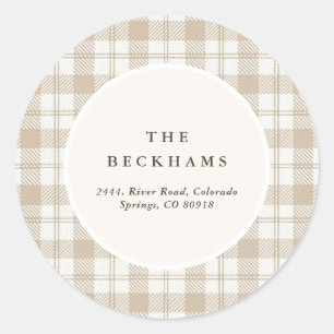 Neutral Gingham Personalised Xmas Return Address Classic Round Sticker