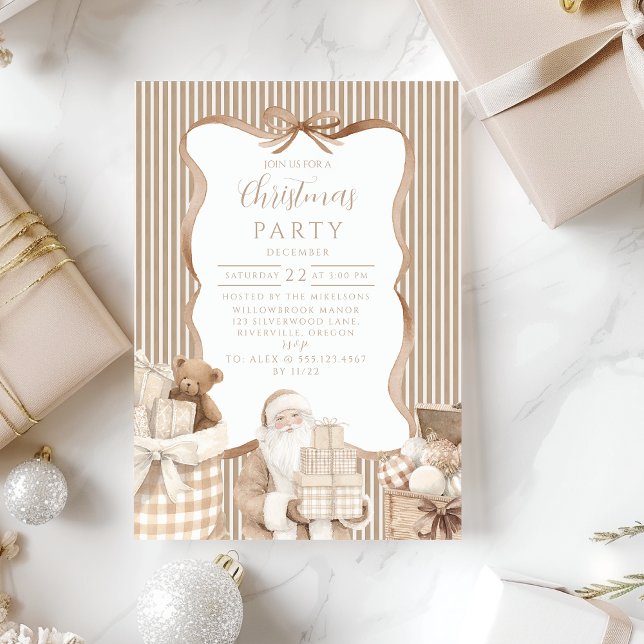 Neutral Gingham Santa Christmas Invitation (Creator Uploaded)