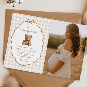 Neutral Gingham Teddy Bear Baby Shower Photo Invitation