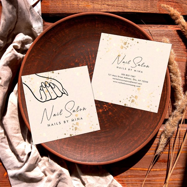 Neutral Gold Specks Hand Nail Salon Square Business Card (Creator Uploaded)