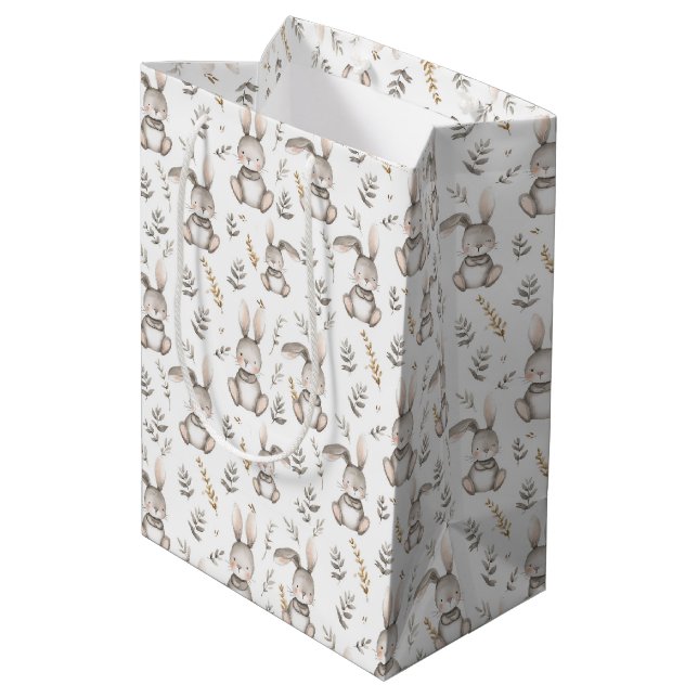 Neutral Gray Bunny Baby Cute Nursery Easter Gift Medium Gift Bag (Back Angled)