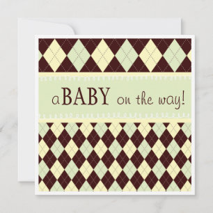 Neutral Green Argyle Baby on the Way Baby Shower Invitation