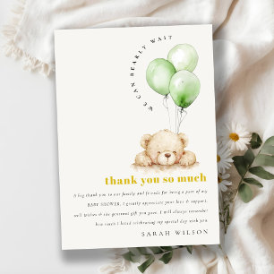 Neutral Green Bearly Wait Balloon Baby Shower Thank You Card