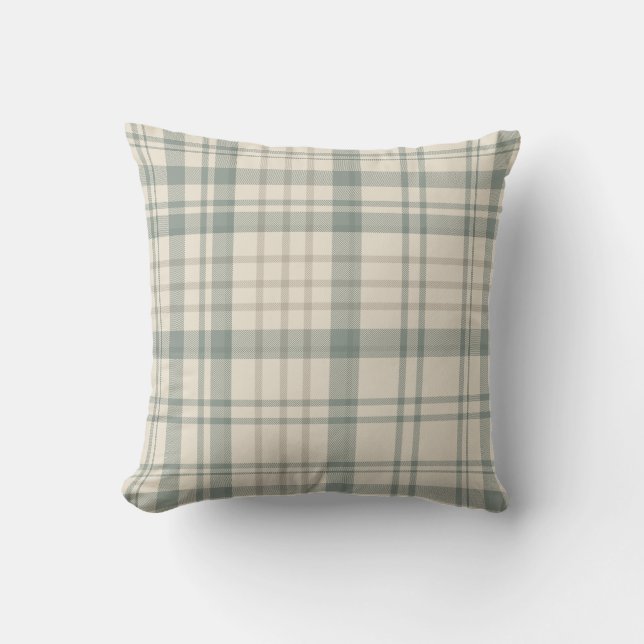 Neutral Green Beige Plaid Cushion (Front)