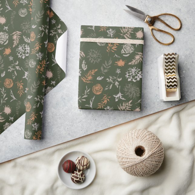 Neutral Green Coloured Floral Print Pattern Wrapping Paper (Crafts)