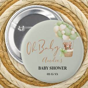 Neutral Green Teddy Bear Oh Baby Balloon  6 Cm Round Badge