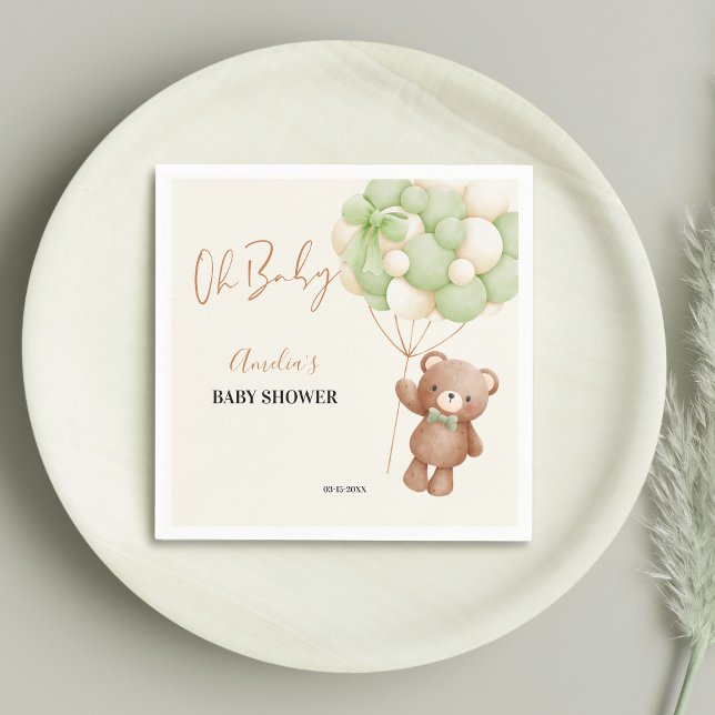 Neutral Green Teddy Bear Oh Baby Balloon Baby Napkin (Creator Uploaded)