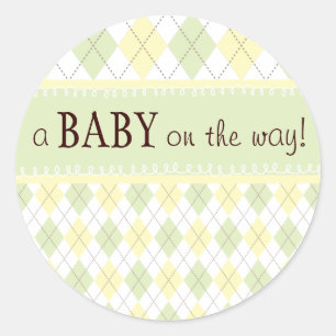 Neutral Green Yellow Argyle Baby Shower Sticker