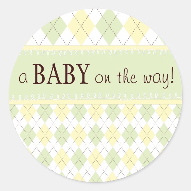 Neutral Green Yellow Argyle Baby Shower Sticker (Front)