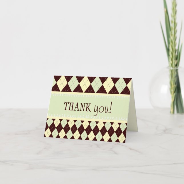 Neutral Green Yellow Argyle Thank You Note Card (Front)