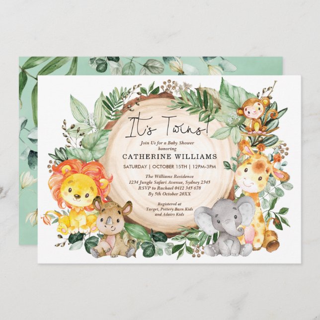 Neutral Greenery Jungle Animals Twins Baby Shower Invitation (Front/Back)