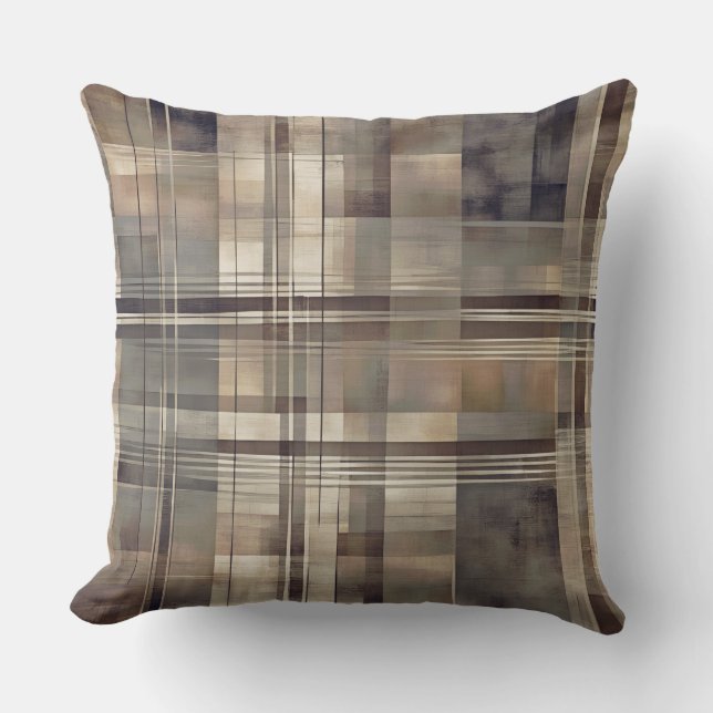 Neutral Grey Beige Farmhouse Plaid Cushion (Front)