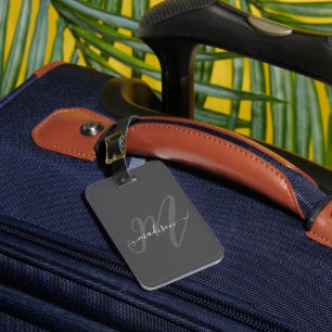 Neutral Grey Boho Script Monogram and Name Luggage Tag
