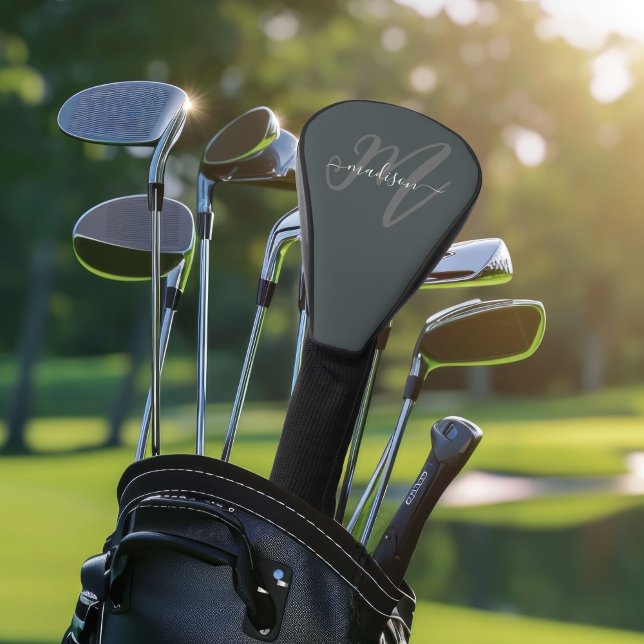 Neutral Grey Stylish Script Monogram and Name Golf Head Cover (Creator Uploaded)