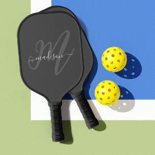 Neutral Grey Stylish Script Monogram and Name Pickleball Paddle