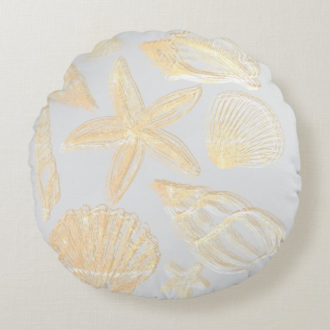 Neutral Grey Tan Beige Seashell Shells Beach House Round Cushion (Front)