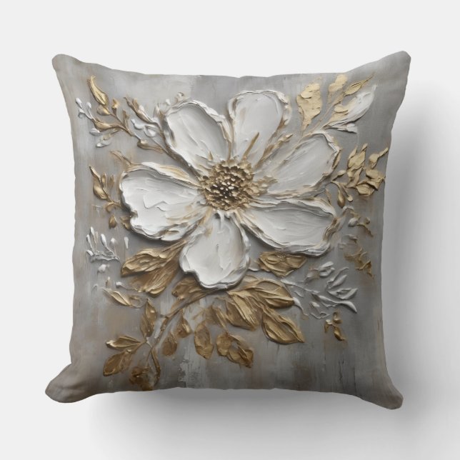 Neutral Grey White Gold Farmhouse Floral Cushion (Front)