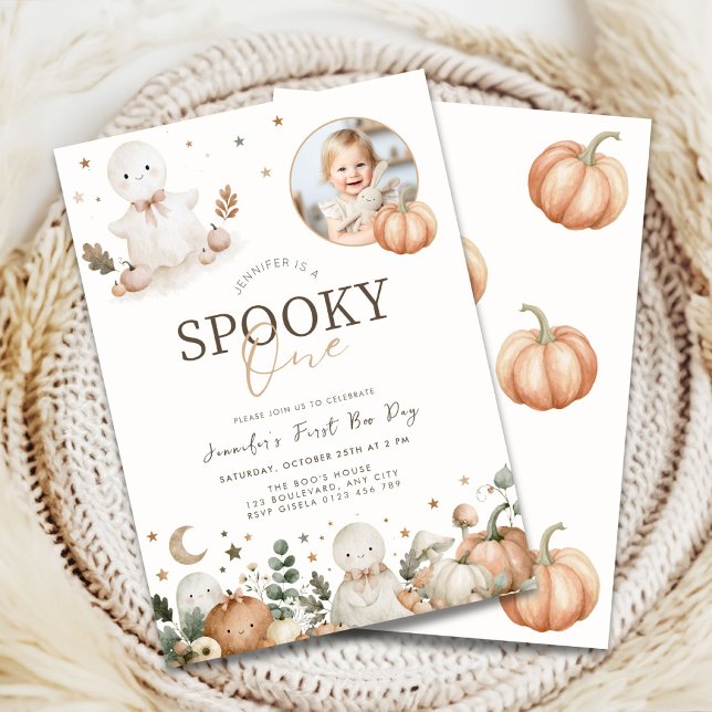 Neutral Halloween Spooky One 1st Birthday Invitation (Spooky One First Birthday Invitation for a girl or a boy.)