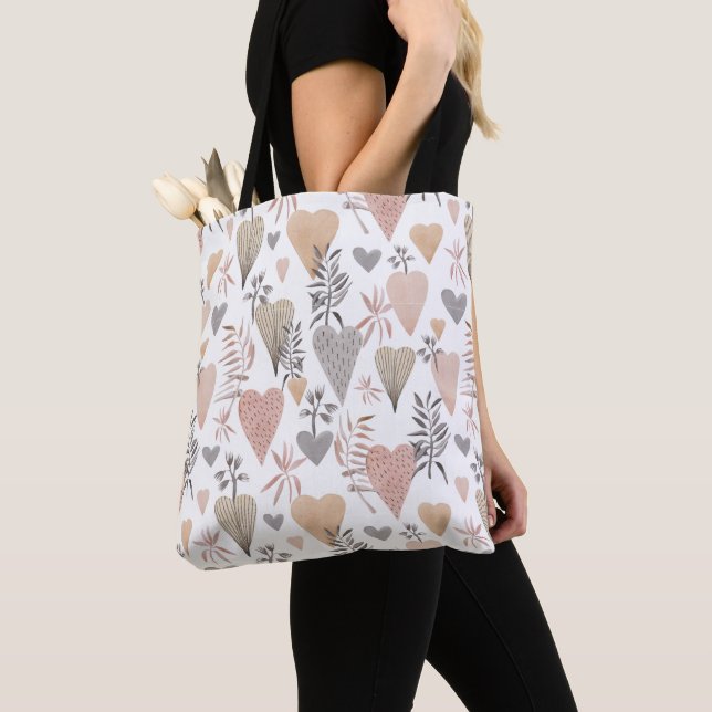 Neutral Heart Pattern Tote | Romantic Everyday Bag (Close Up)