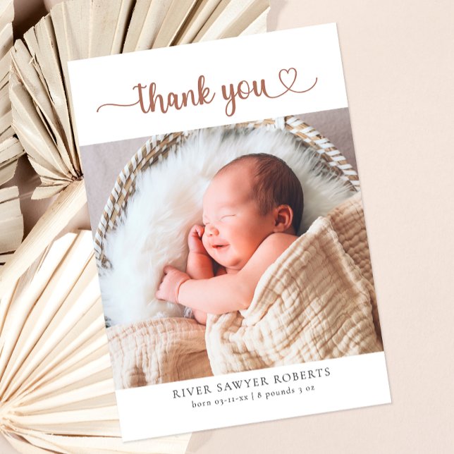 Neutral Heart Script Photo Baby Thank You Card (Baby Photo Thank You Card)