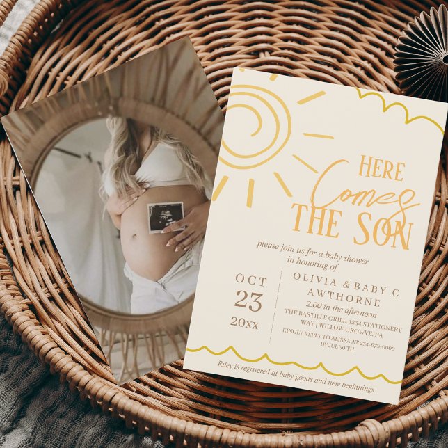 Neutral Here Comes the Son photo Baby Shower Invitation (Creator Uploaded)