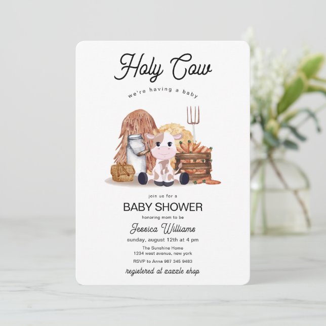 Neutral Holy Cow Farm Animals Baby Shower  Invitation (Standing Front)