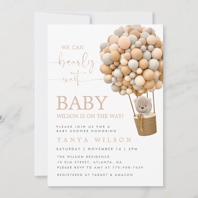 Neutral Hot Air Balloon Bear Baby Shower Invite (Front)