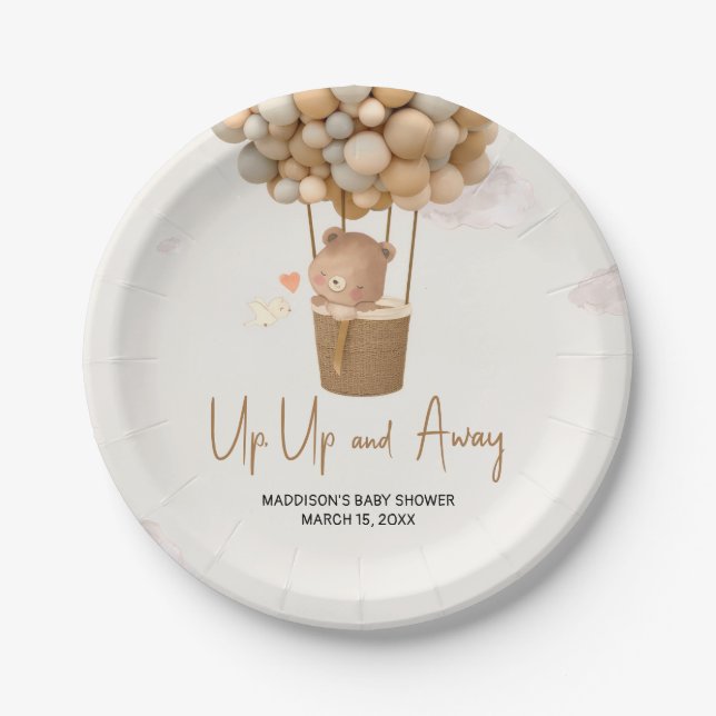 Neutral Hot Air Balloon Up and Away Baby Shower Paper Plate (Front)