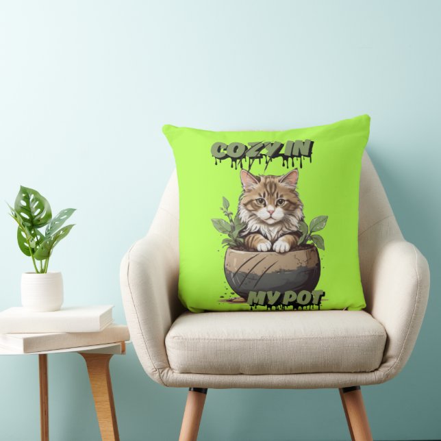 Neutral Hues Playful Cat in Pot Cushion (Chair)