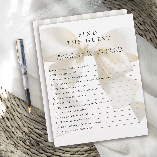 Neutral Ivory Bow Baby Shower Game Find the Guest (Creator Uploaded)