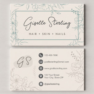 Neutral Ivory Floral Line Art Elegant Script Business Card