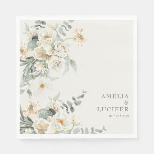 Neutral Ivory Floral Sage green Wedding Napkin
