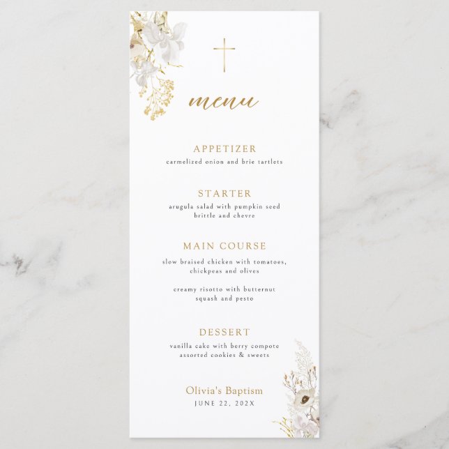 Neutral Ivory Gold Wildflower Baptism Menu (Front)