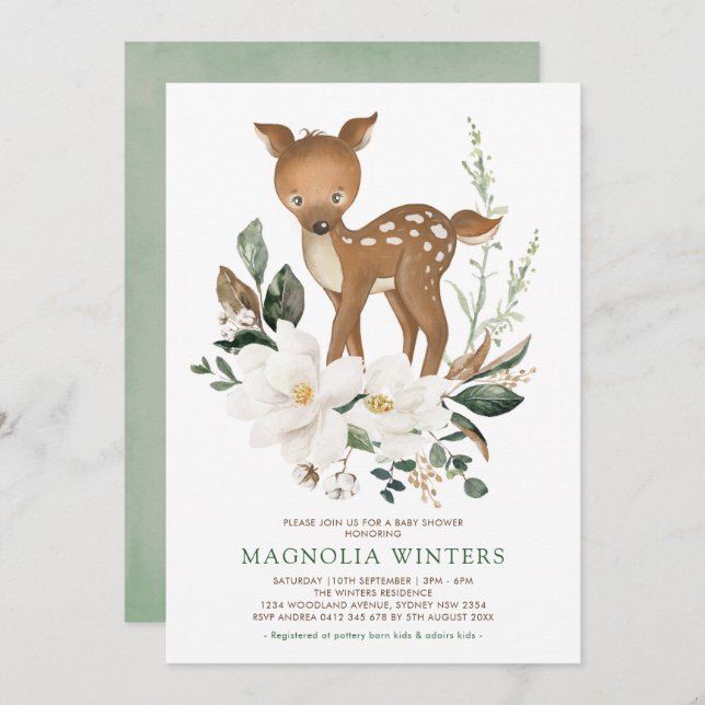 Neutral Ivory Greenery Forest Deer Baby Shower Invitation (Front/Back)