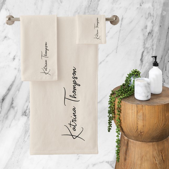 Neutral Ivory Modern Signature Script Monogram Bath Towel Set (Creator Uploaded)