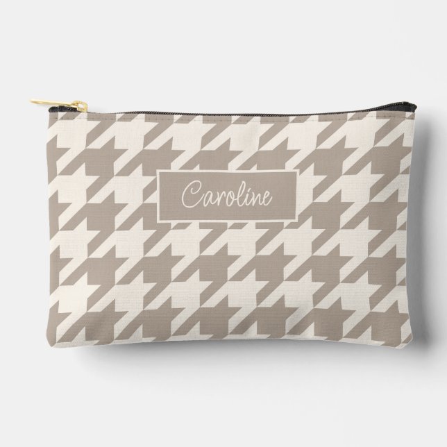 Neutral Ivory Taupe Beige Houndstooth Pattern Accessory Pouch (Front)