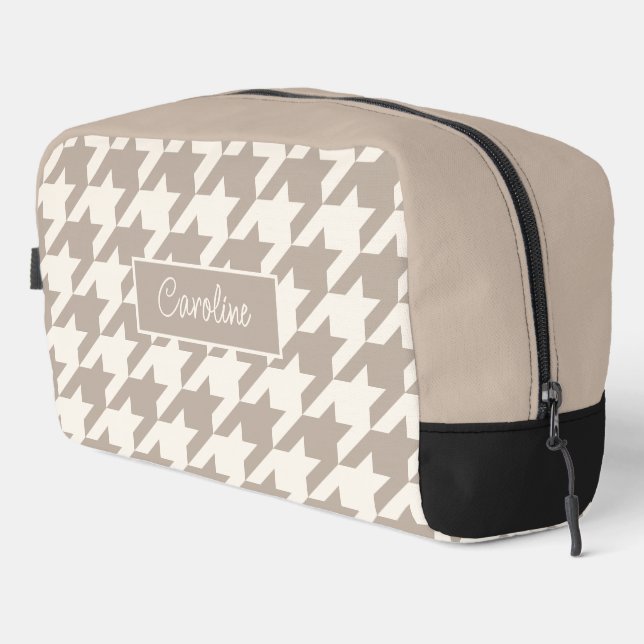 Neutral Ivory Taupe Beige Houndstooth Pattern Dopp Kit (Right Corner)