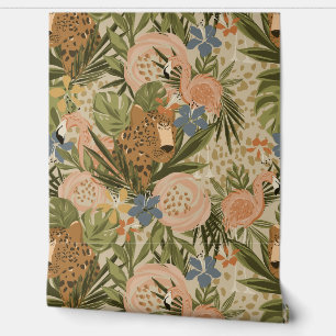 Neutral Jungle Cheetah and Flamingo Floral Wallpaper