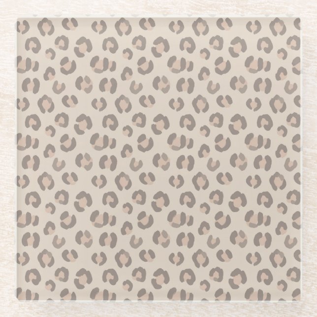 Neutral Leopard Print Pattern Glass Coaster (Front)