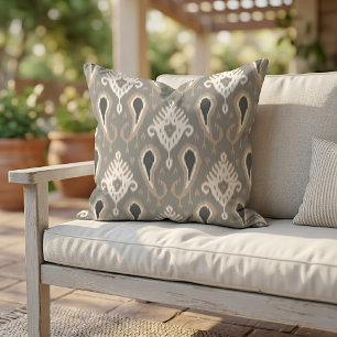 Neutral Light Brown Taupe Grey Ikat Tribal Art Cushion