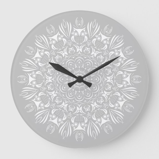 Neutral light gray and white cute owl mandala large clock (Front)