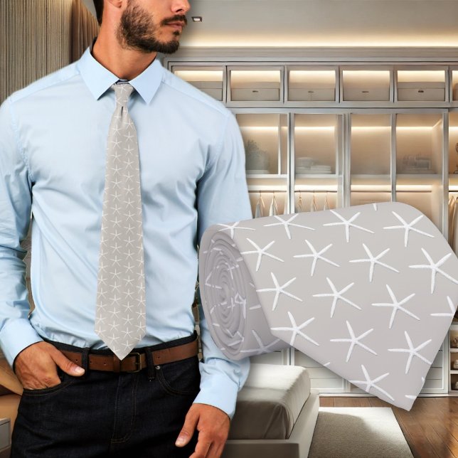 Neutral Light Taupe Starfish Patterned Grooms Tie (Creator Uploaded)