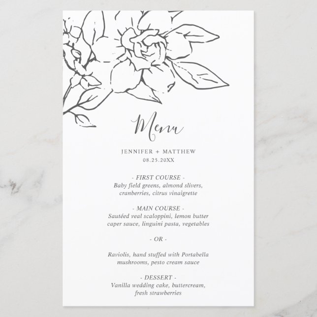 Neutral Line Art Floral Elegant Wedding Menu (Front)