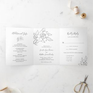 Neutral Line Art Floral Elegant Wedding Tri-Fold Invitation