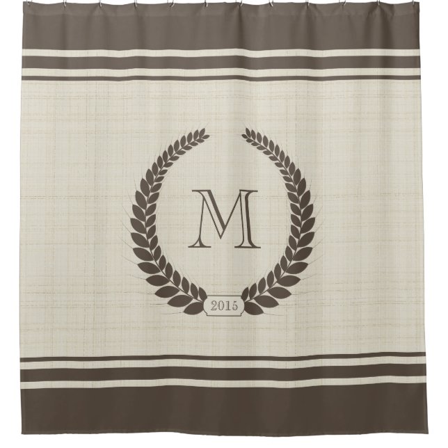 Neutral Linen and Cocoa Style Fancy Monogram Shower Curtain (Front)