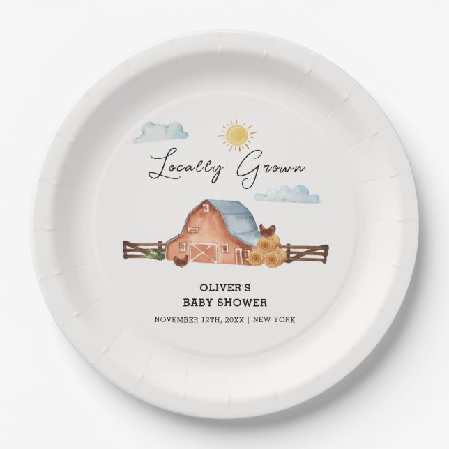 Neutral Locally Grown Farm Barn Baby Shower  Paper Plate (Front)