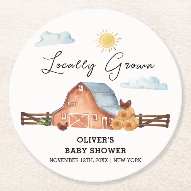 Neutral Locally Grown Farm Barn Baby Shower  Round Paper Coaster (Front)