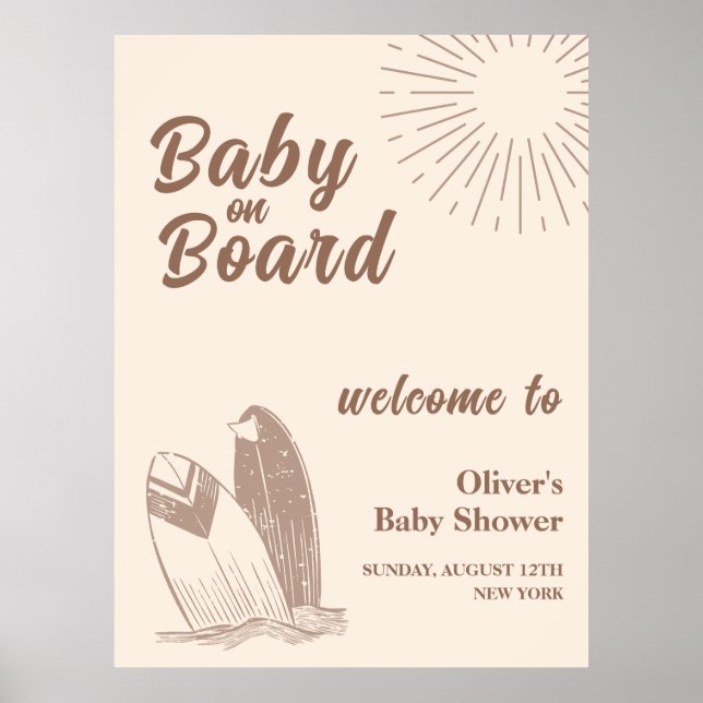 Neutral Minimal Boho Surfboard Baby Shower Welcome Poster (Front)