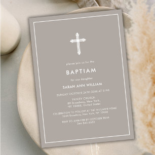 Neutral Minimal Typography Cross Frame Baptism Invitation